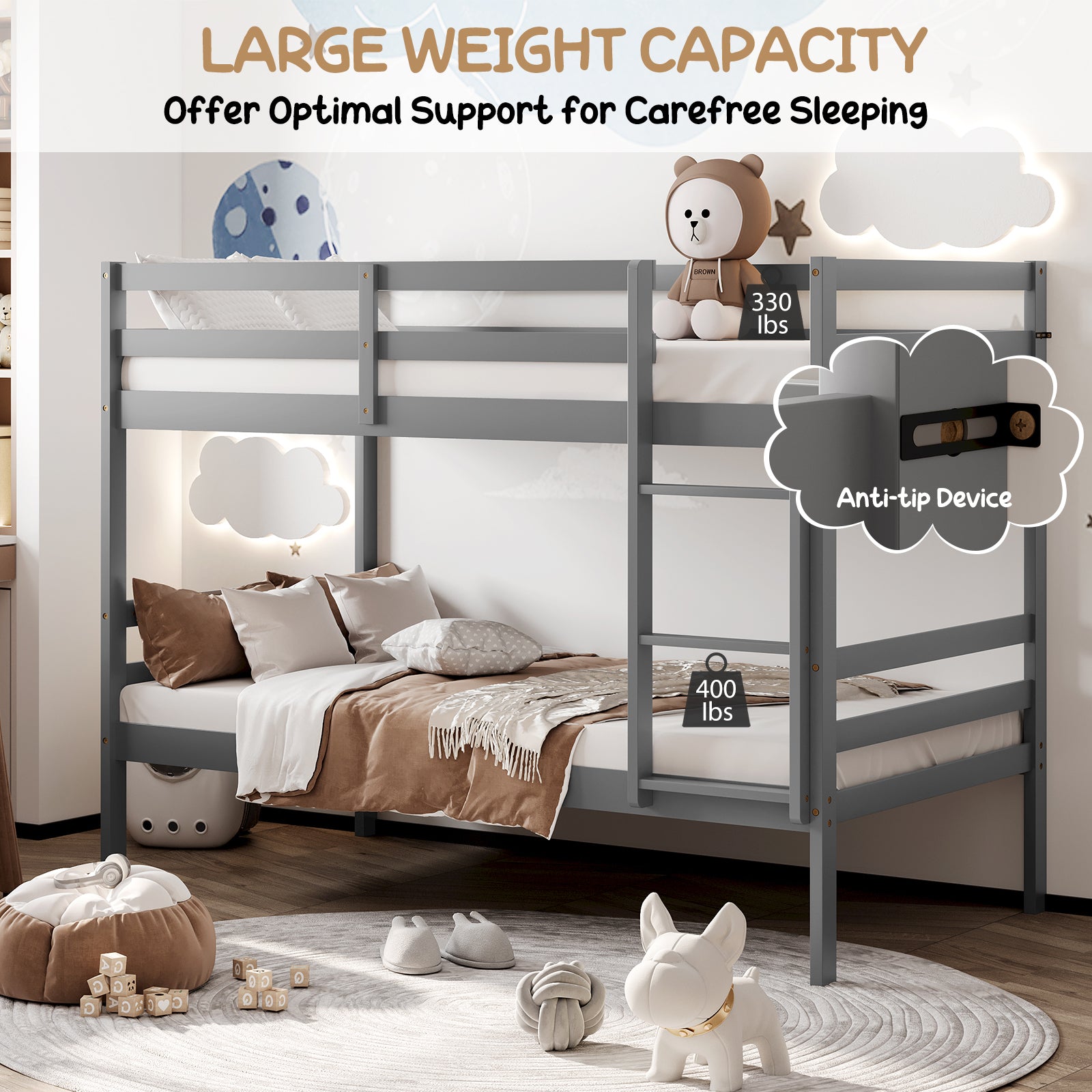 Twin Size Sturdy Wooden Bunk Beds with Ladder and Safety Rail, Gray Bunk Bed Frame at Gallery Canada
