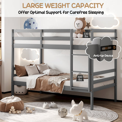 Twin Size Sturdy Wooden Bunk Beds with Ladder and Safety Rail, Gray Bunk Bed Frame at Gallery Canada