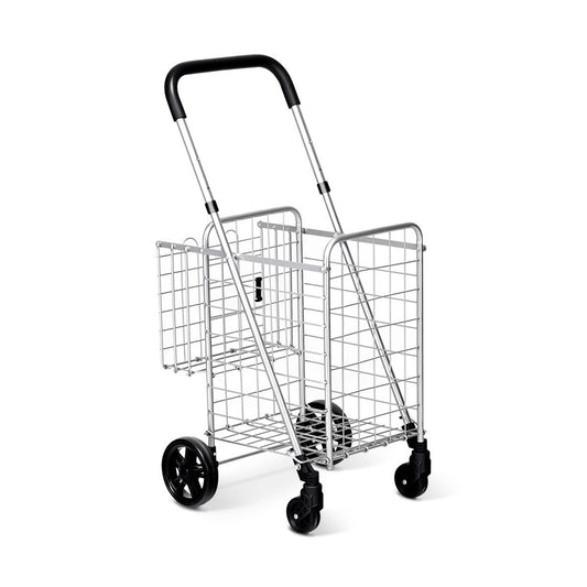 Folding Shopping Cart Basket Rolling Trolley with Adjustable Handle, Silver