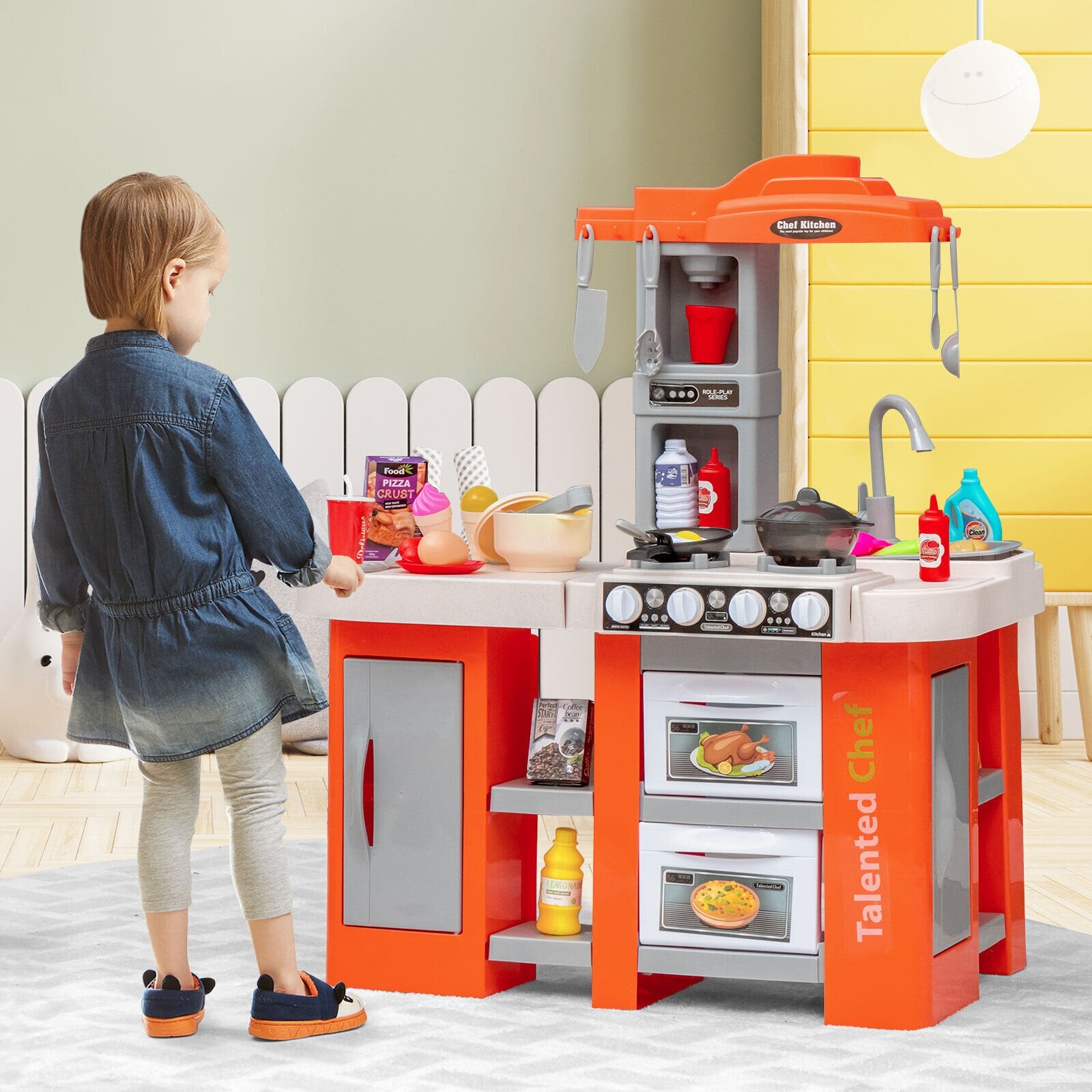 67 Pieces Play Kitchen Set for Kids with Food and Realistic Lights and Sounds, Orange - Gallery Canada