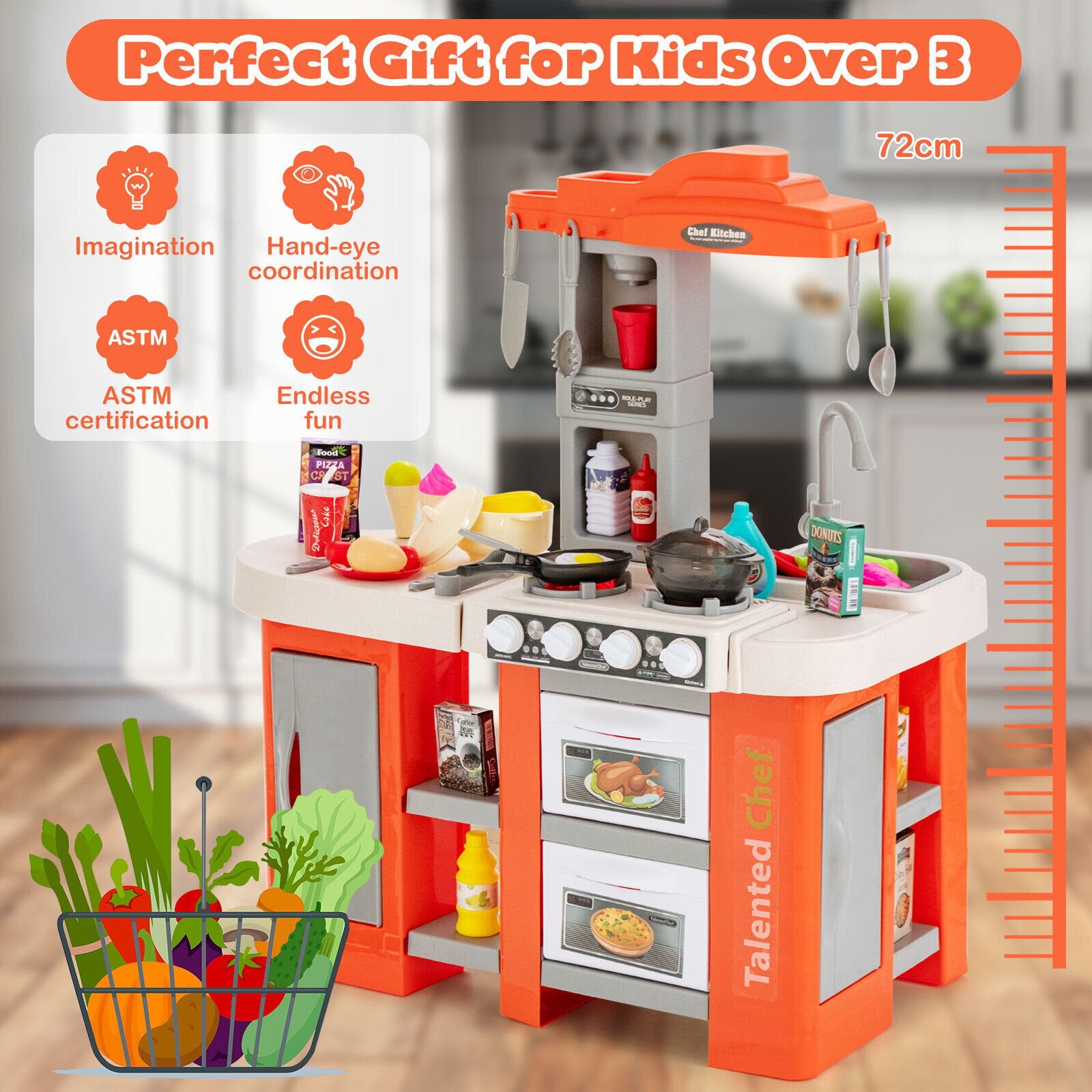 67 Pieces Play Kitchen Set for Kids with Food and Realistic Lights and Sounds, Orange - Gallery Canada