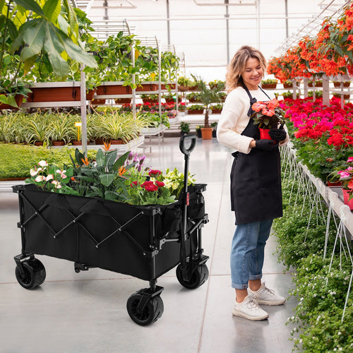 Folding Utility Garden Cart with Wide Wheels and Adjustable Handle, Black