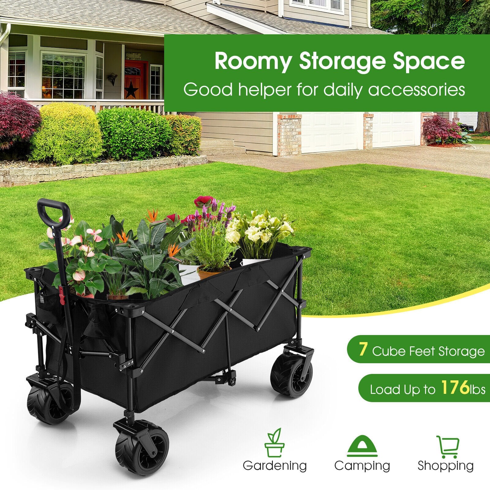 Folding Utility Garden Cart with Wide Wheels and Adjustable Handle, Black - Gallery Canada