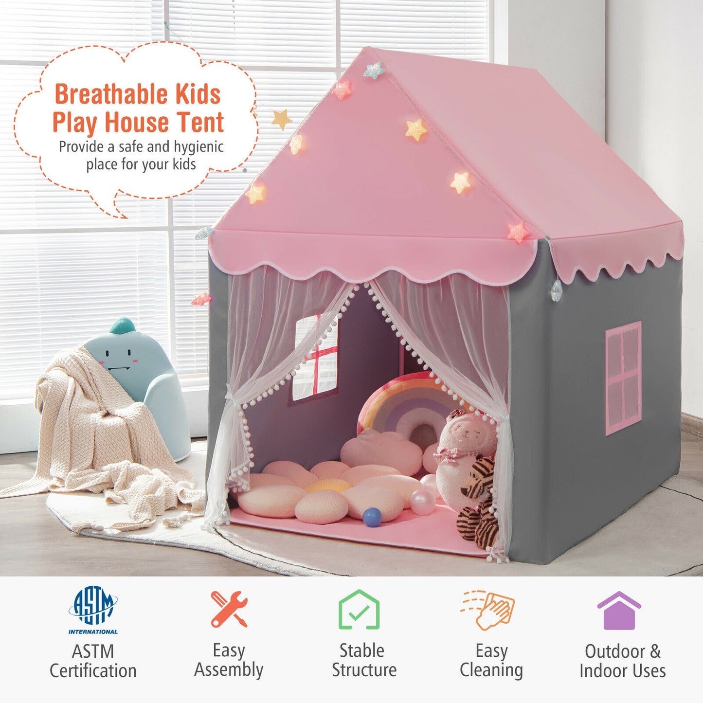 Kids Playhouse Tent with Star Lights and Mat, Pink Play Tents & Playhouse at Gallery Canada