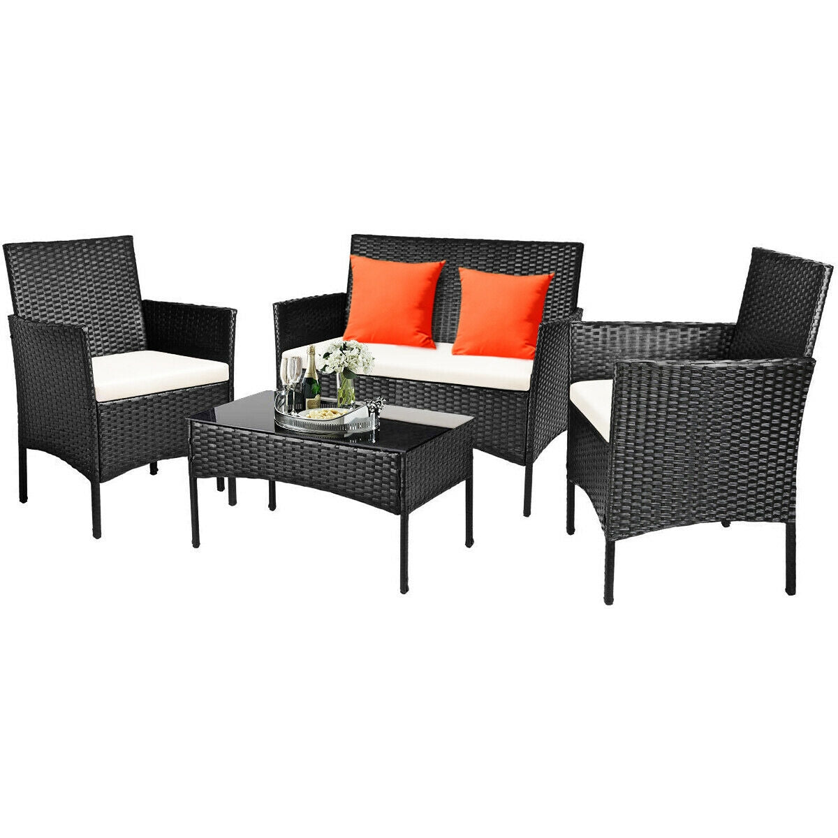 4 Pcs Patio Rattan Cushioned Sofa Set, White Patio Conversation Sets White at Gallery Canada