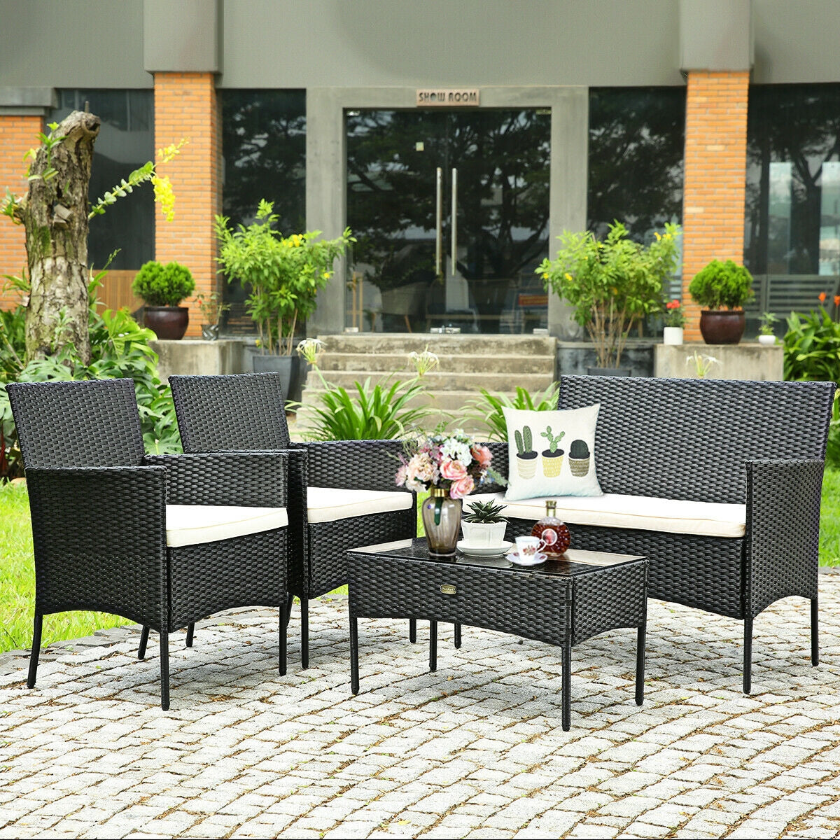 4 Pcs Patio Rattan Cushioned Sofa Set, White