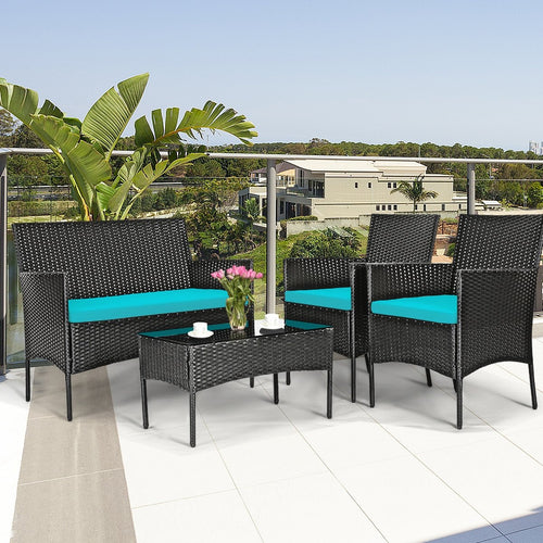 4 Pcs Patio Rattan Cushioned Sofa Furniture Set with Tempered Glass Coffee Table, Turquoise