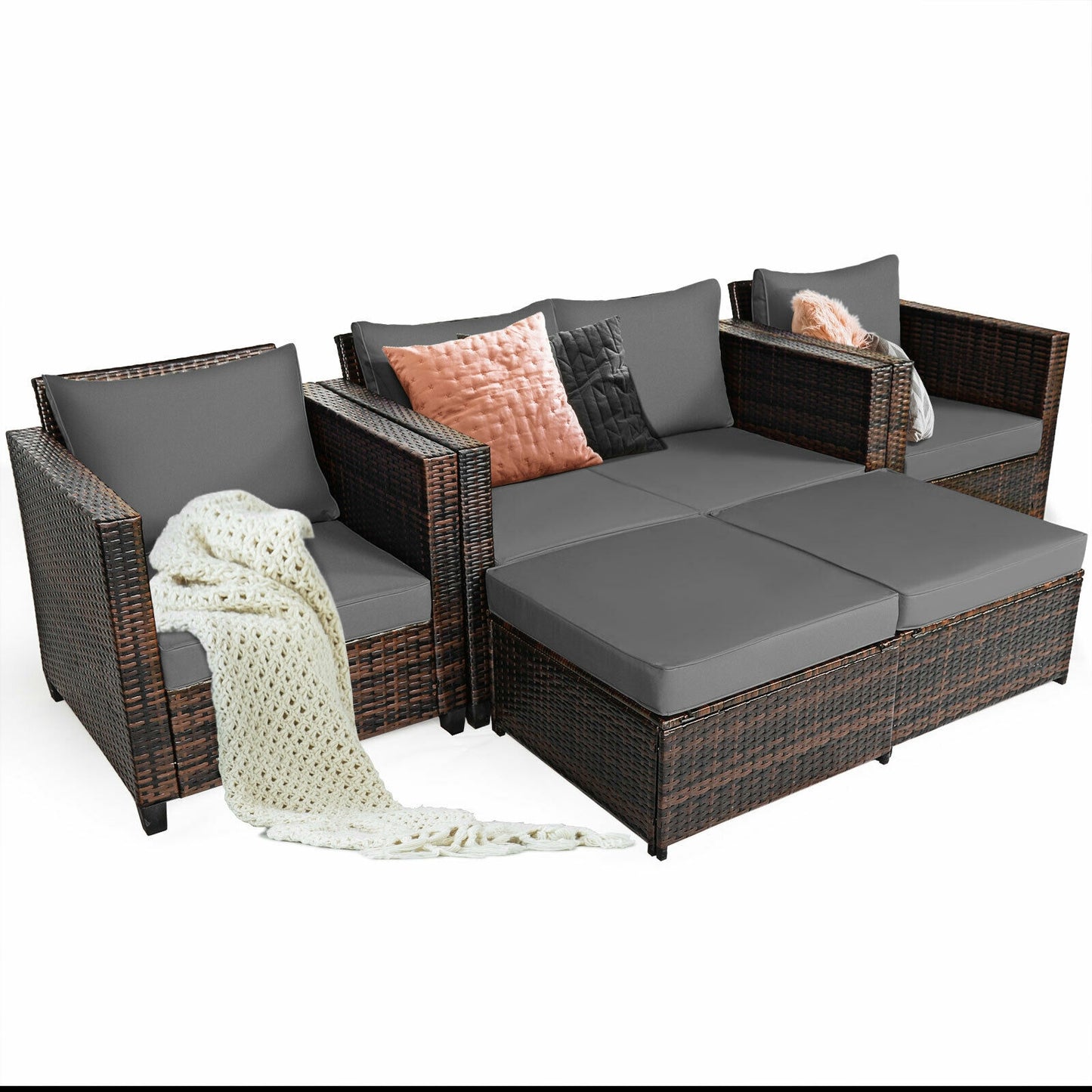 5 Pieces Patio Cushioned Rattan Furniture Set, Gray Outdoor Sectionals at Gallery Canada