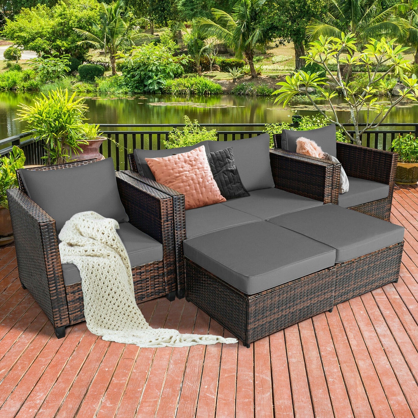5 Pieces Patio Cushioned Rattan Furniture Set, Gray Outdoor Sectionals at Gallery Canada