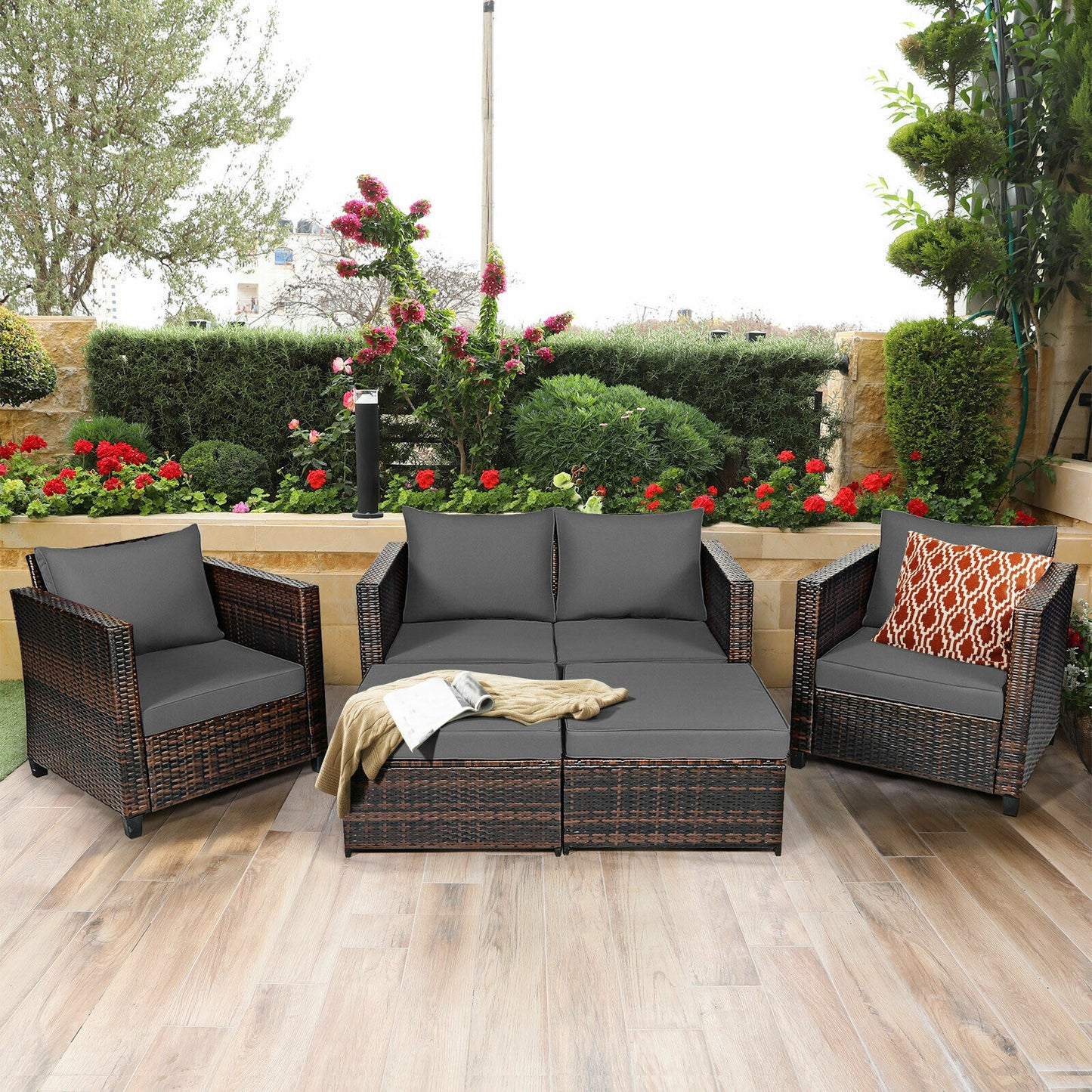 5 Pieces Patio Cushioned Rattan Furniture Set, Gray Outdoor Sectionals at Gallery Canada