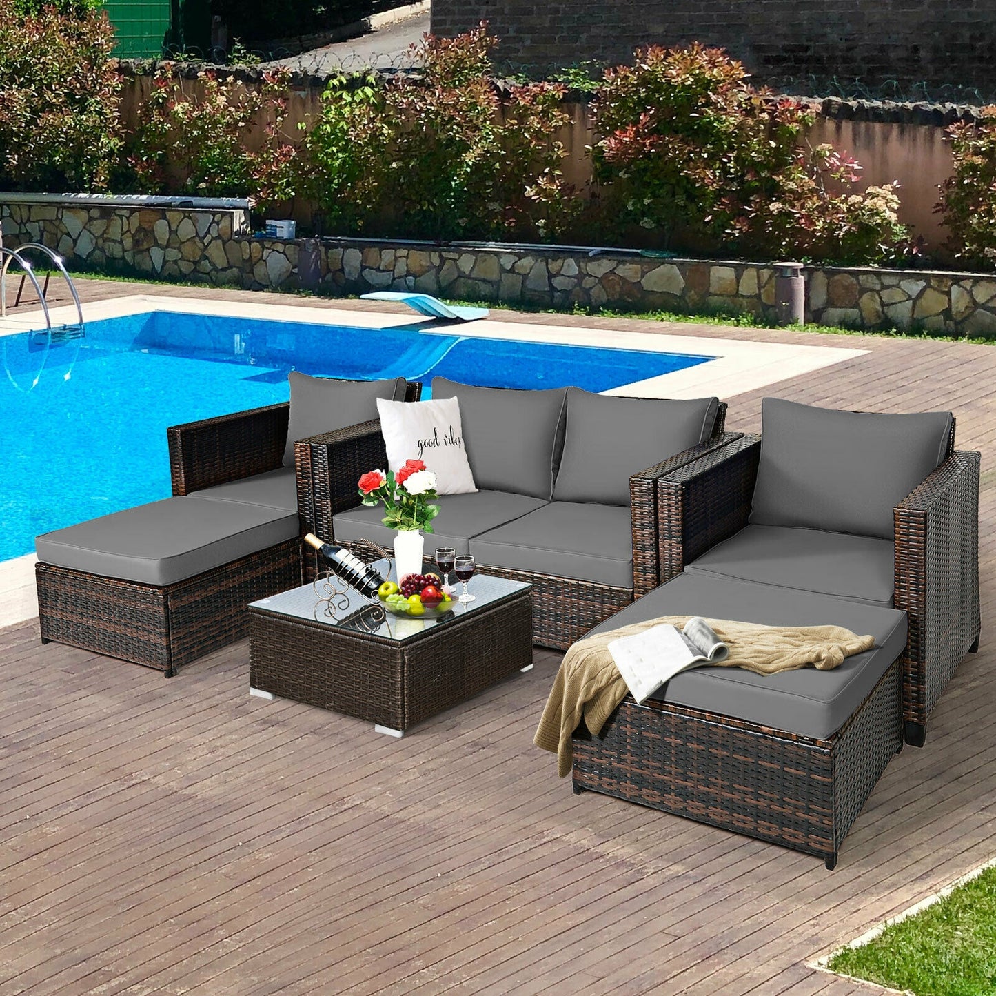 5 Pieces Patio Cushioned Rattan Furniture Set, Gray Outdoor Sectionals at Gallery Canada