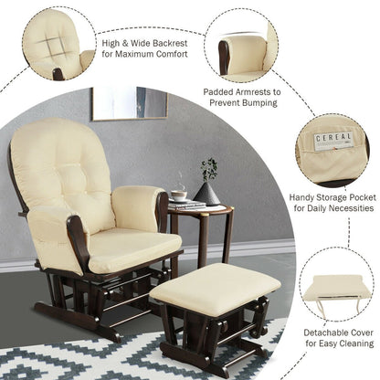 Wood Glider and Ottoman Set with Padded Armrests and Detachable Cushion, Beige - Gallery Canada