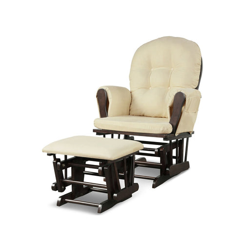 Wood Glider and Ottoman Set with Padded Armrests and Detachable Cushion, Beige