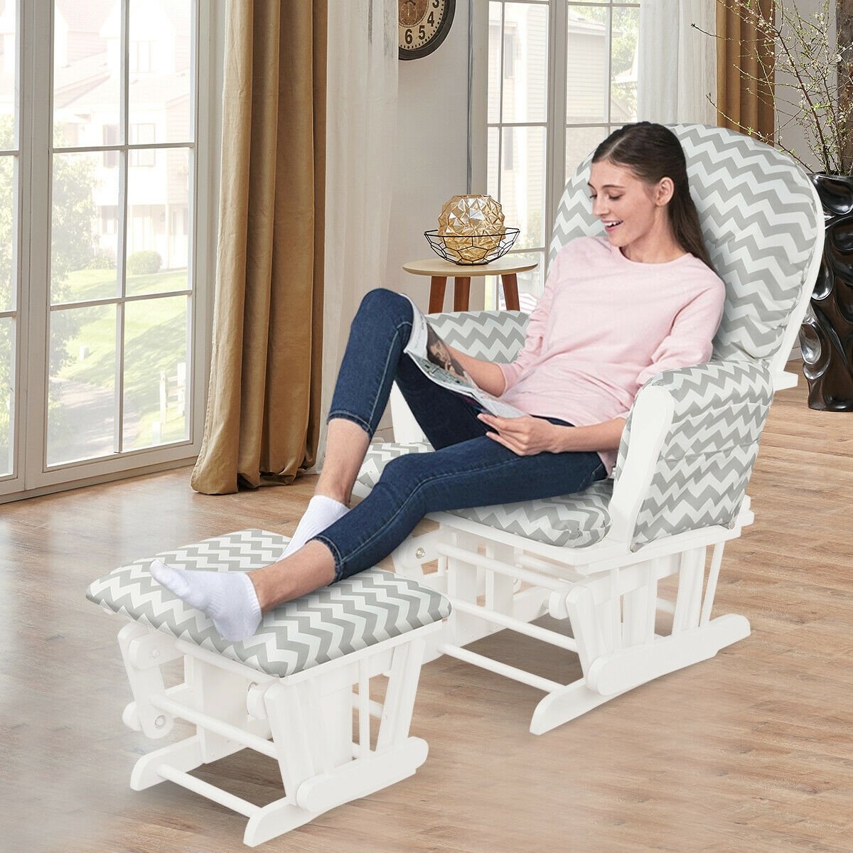 Wood Glider and Ottoman Set with Padded Armrests and Detachable Cushion-Gray and White, White - Gallery Canada