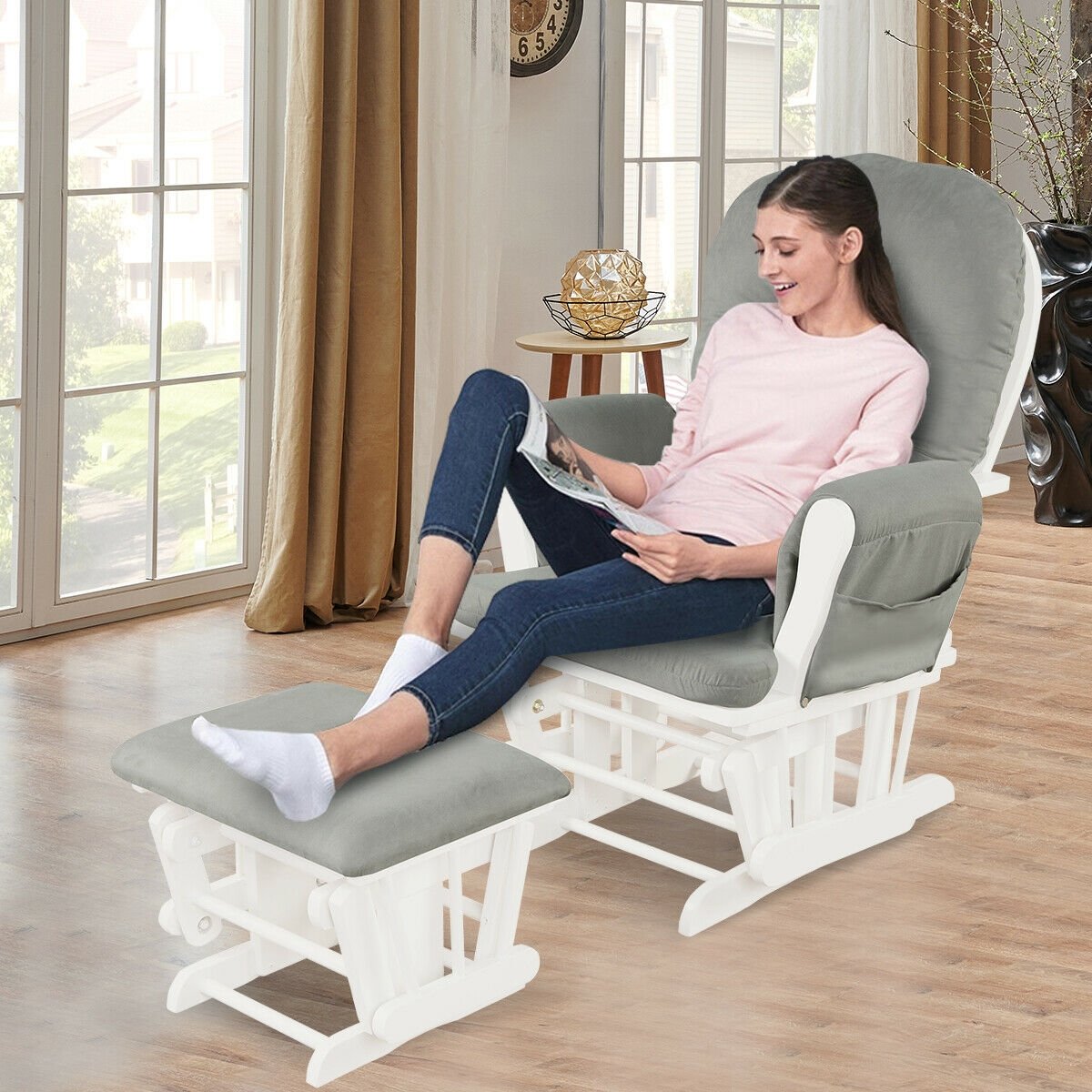Wood Glider and Ottoman Set with Padded Armrests and Detachable Cushion, Light Gray - Gallery Canada