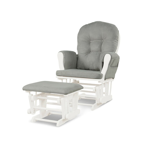 Wood Glider and Ottoman Set with Padded Armrests and Detachable Cushion, Light Gray