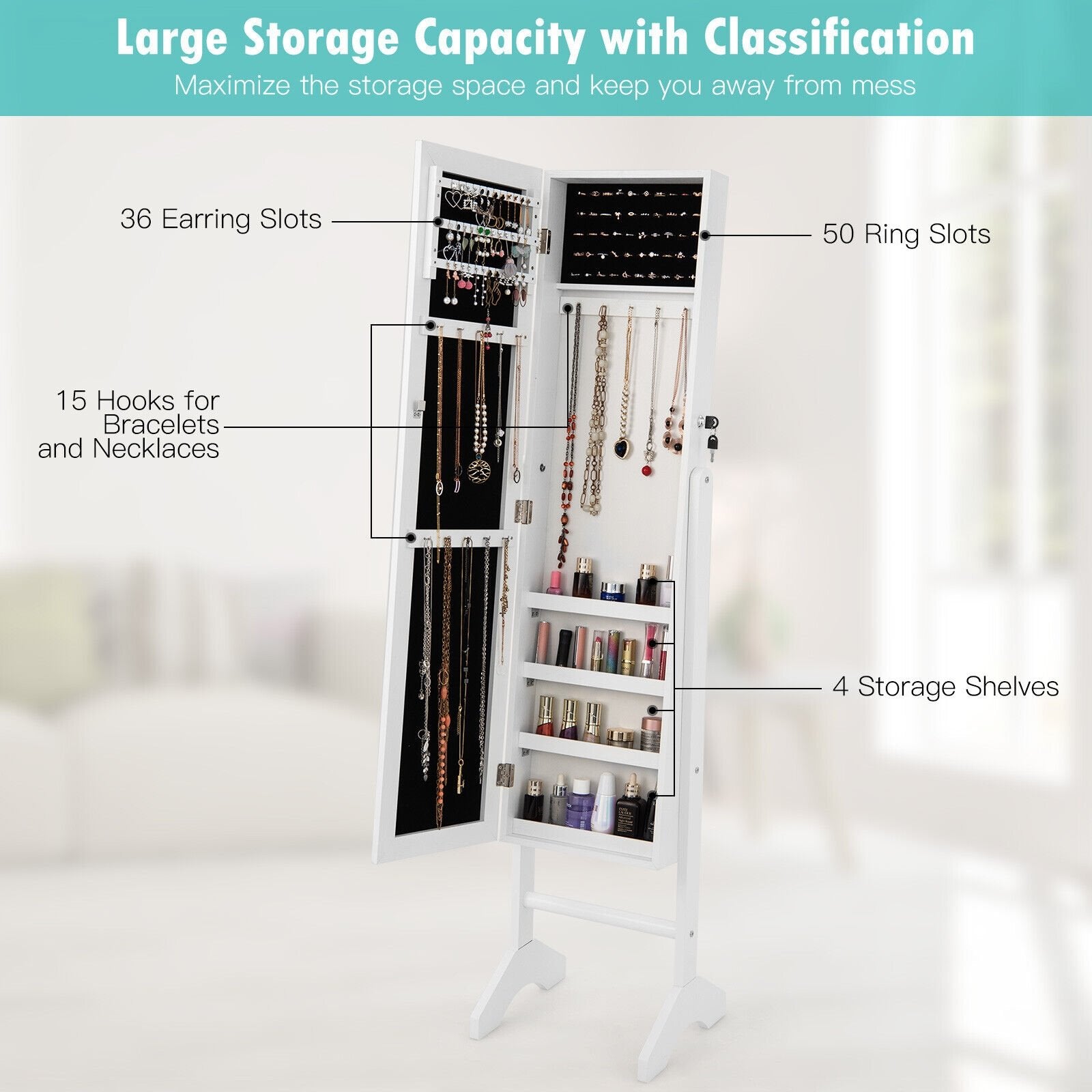 Standing Jewelry Cabinet with Full Length Mirror, White - Gallery Canada