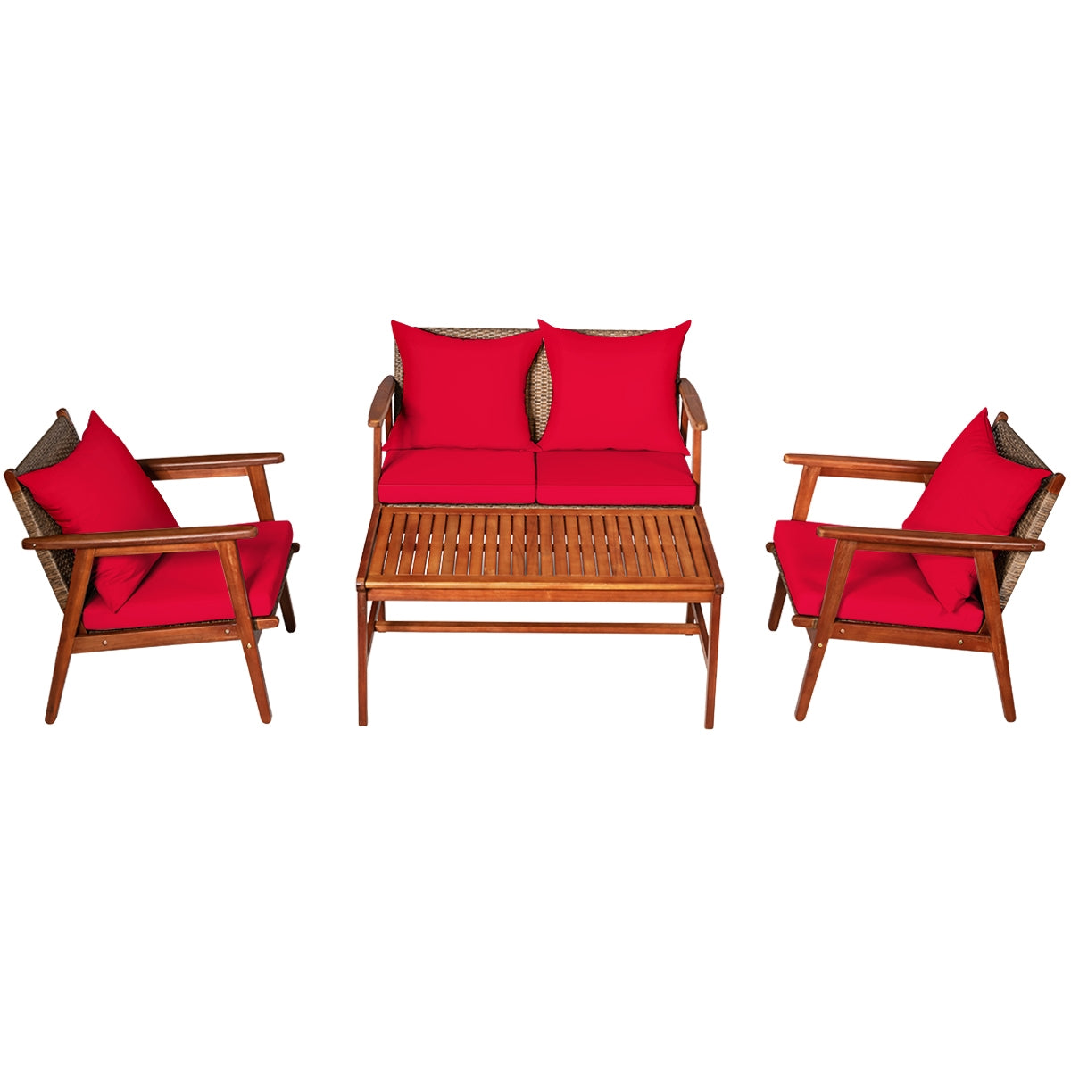 4 Piece Acacia Wood Patio Rattan Furniture Set, Red Patio Conversation Sets at Gallery Canada