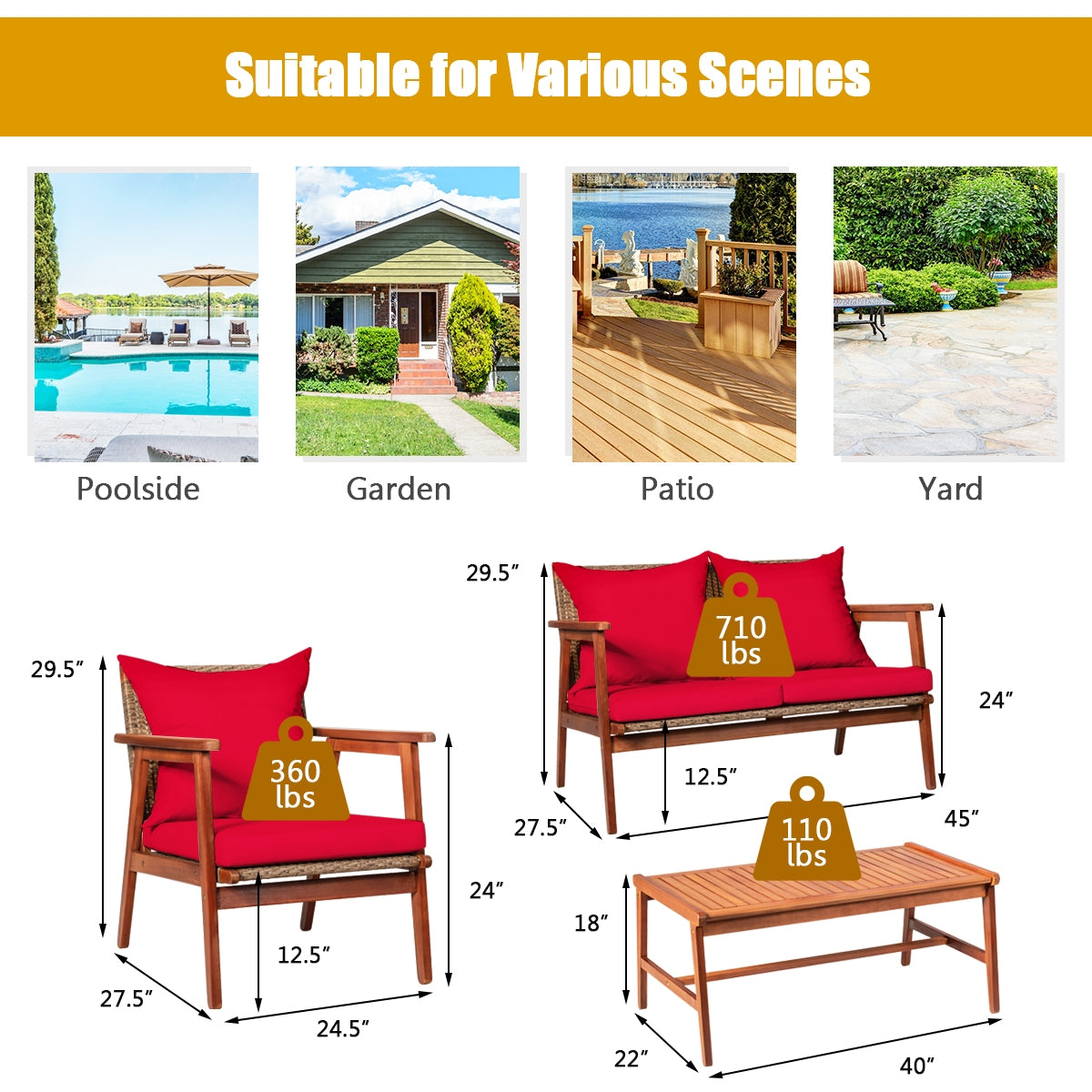 4 Piece Acacia Wood Patio Rattan Furniture Set, Red Patio Conversation Sets at Gallery Canada