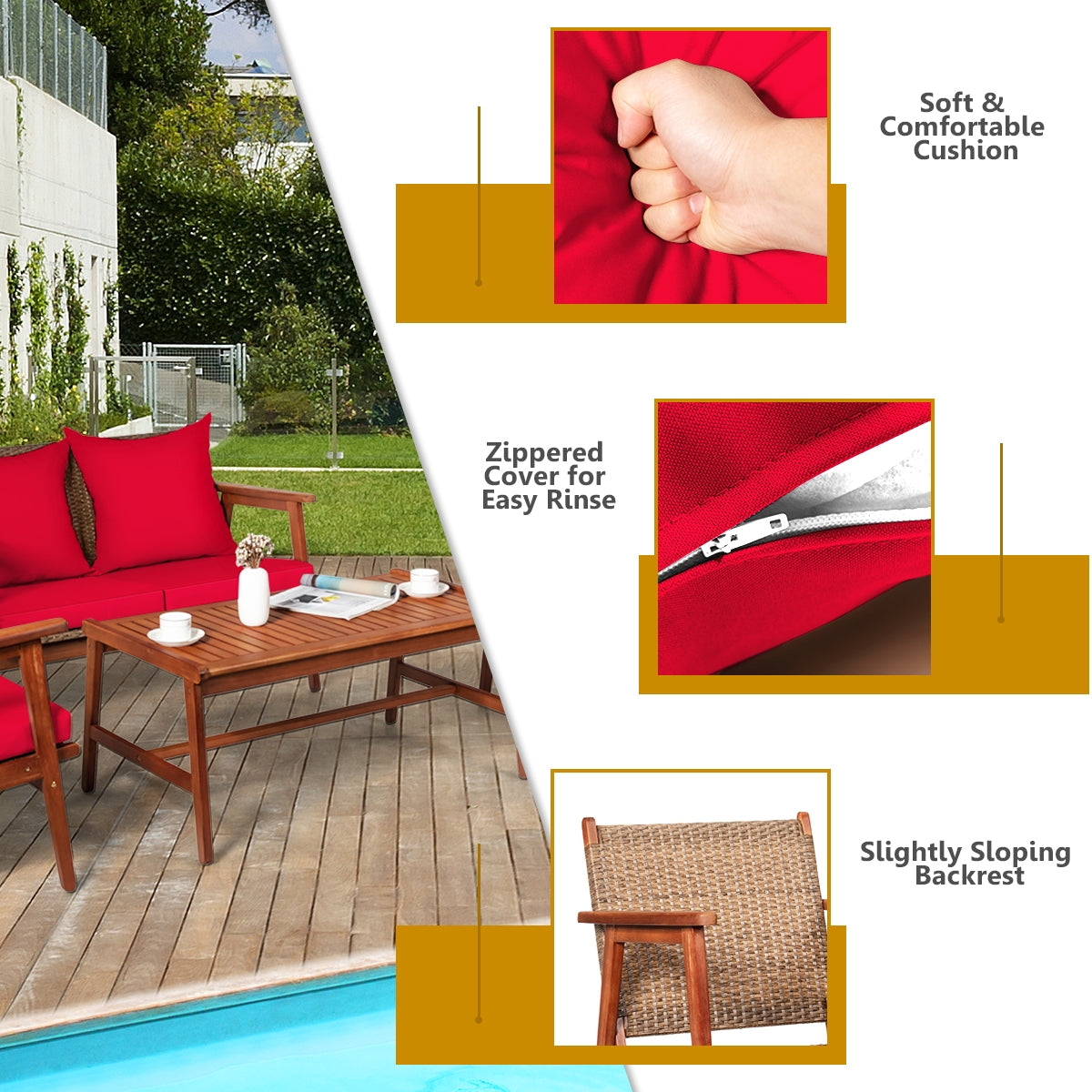 4 Piece Acacia Wood Patio Rattan Furniture Set, Red Patio Conversation Sets at Gallery Canada