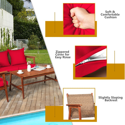 4 Piece Acacia Wood Patio Rattan Furniture Set, Red Patio Conversation Sets at Gallery Canada