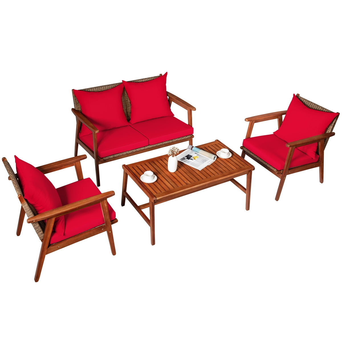 4 Piece Acacia Wood Patio Rattan Furniture Set, Red Patio Conversation Sets at Gallery Canada