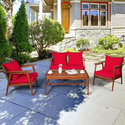 4 Piece Acacia Wood Patio Rattan Furniture Set, Red Patio Conversation Sets at Gallery Canada