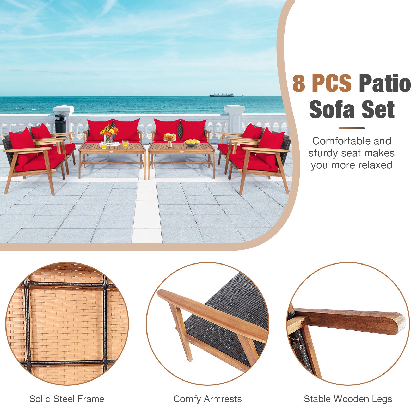 4 Piece Acacia Wood Patio Rattan Furniture Set, Red Patio Conversation Sets at Gallery Canada