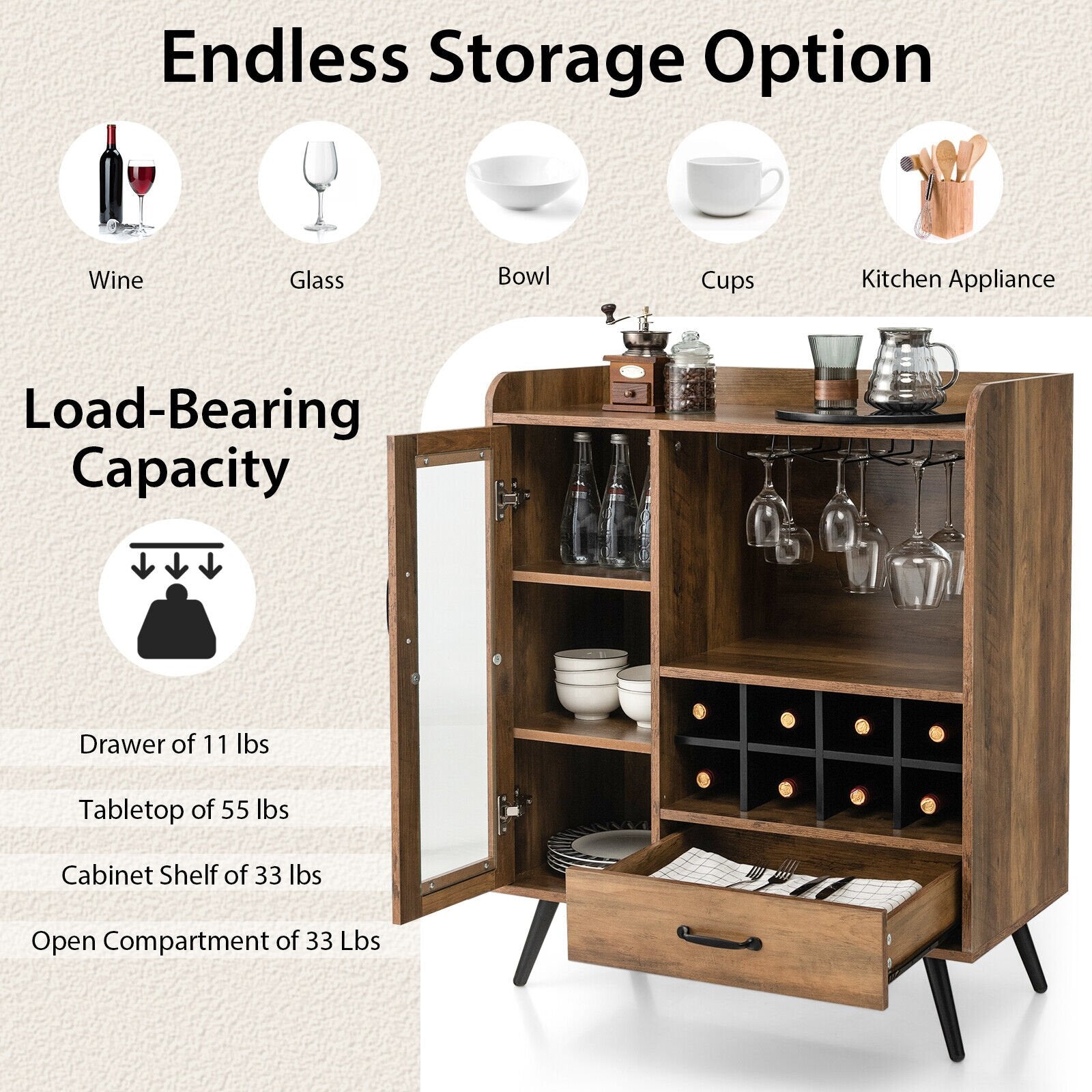 Buffet Sideboard with Removable Wine Rack and Glass Holder, Rustic Brown - Gallery Canada