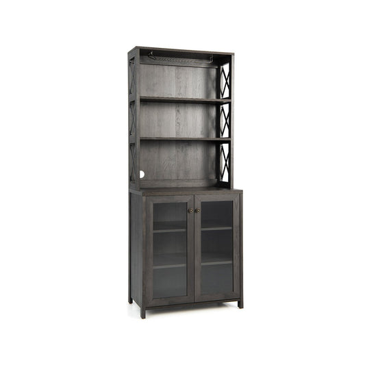 Tall Freestanding Bar Cabinet Buffet with Glass Holder and Adjustable Shelf, Gray - Gallery Canada