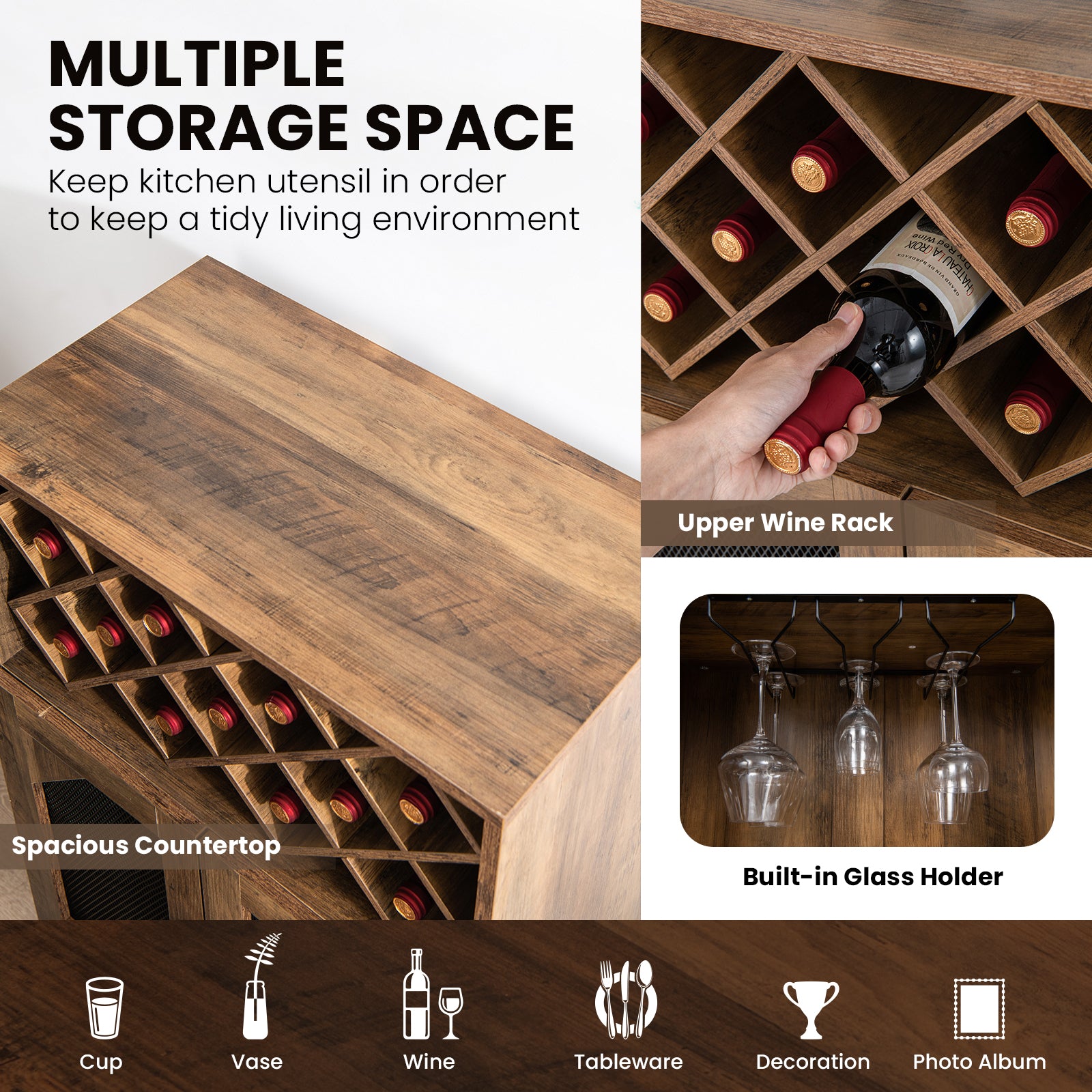 2-Door Farmhouse Kitchen Cabinet, Wine Rack, Glass Holder, Brown Sideboards Cabinets & Buffets at Gallery Canada