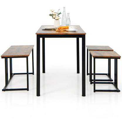 4 Pieces Industrial Dining Table Set with Bench and 2 Stools, Brown - Gallery Canada