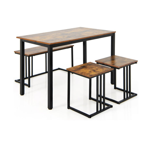 4 Pieces Industrial Dining Table Set with Bench and 2 Stools, Brown at Gallery Canada