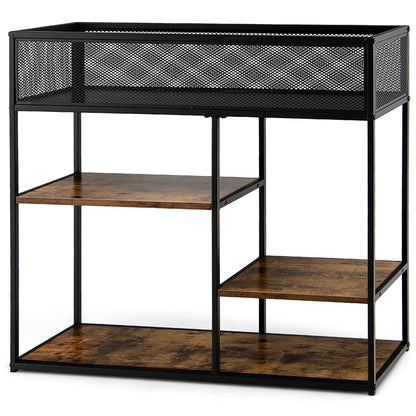 4-Tier Industrial Console Table with Wire Basket and shelf, Rustic Brown