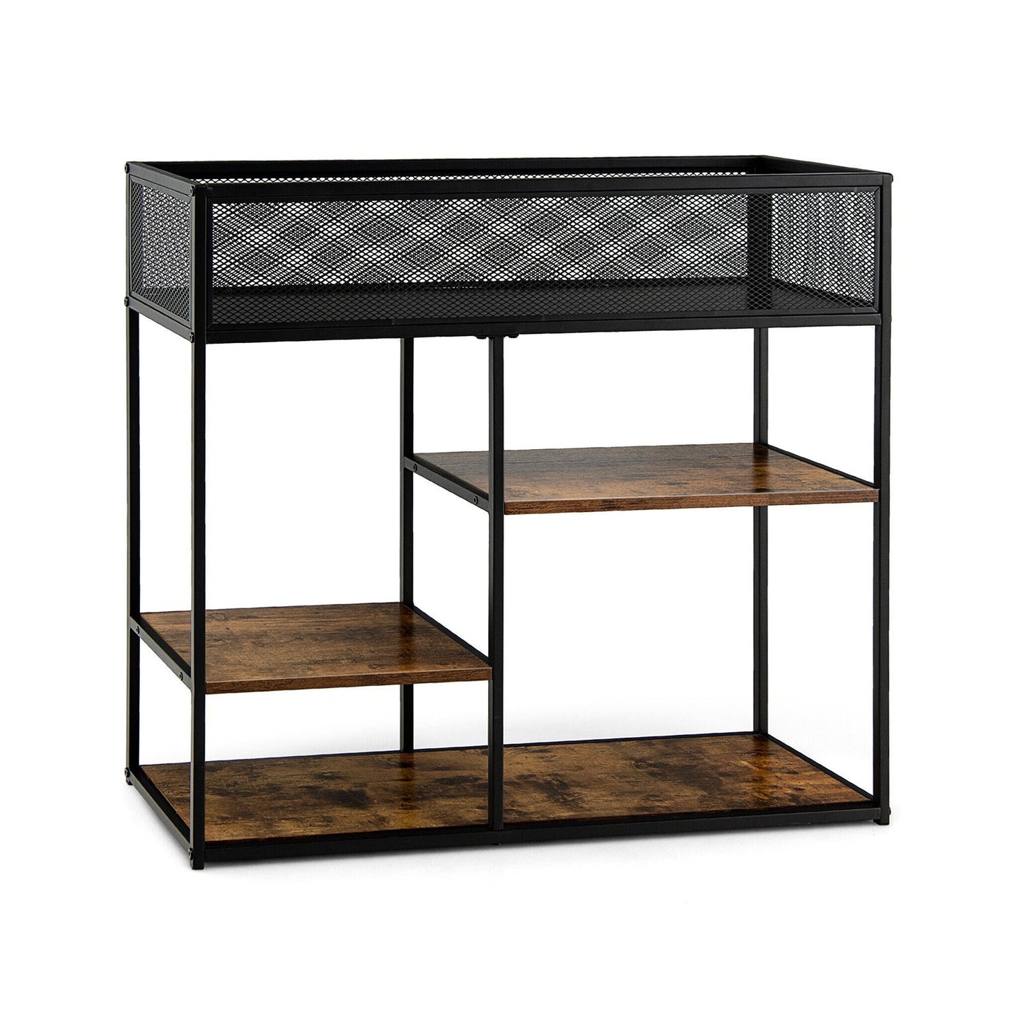 4-Tier Industrial Console Table with Wire Basket and shelf, Rustic Brown