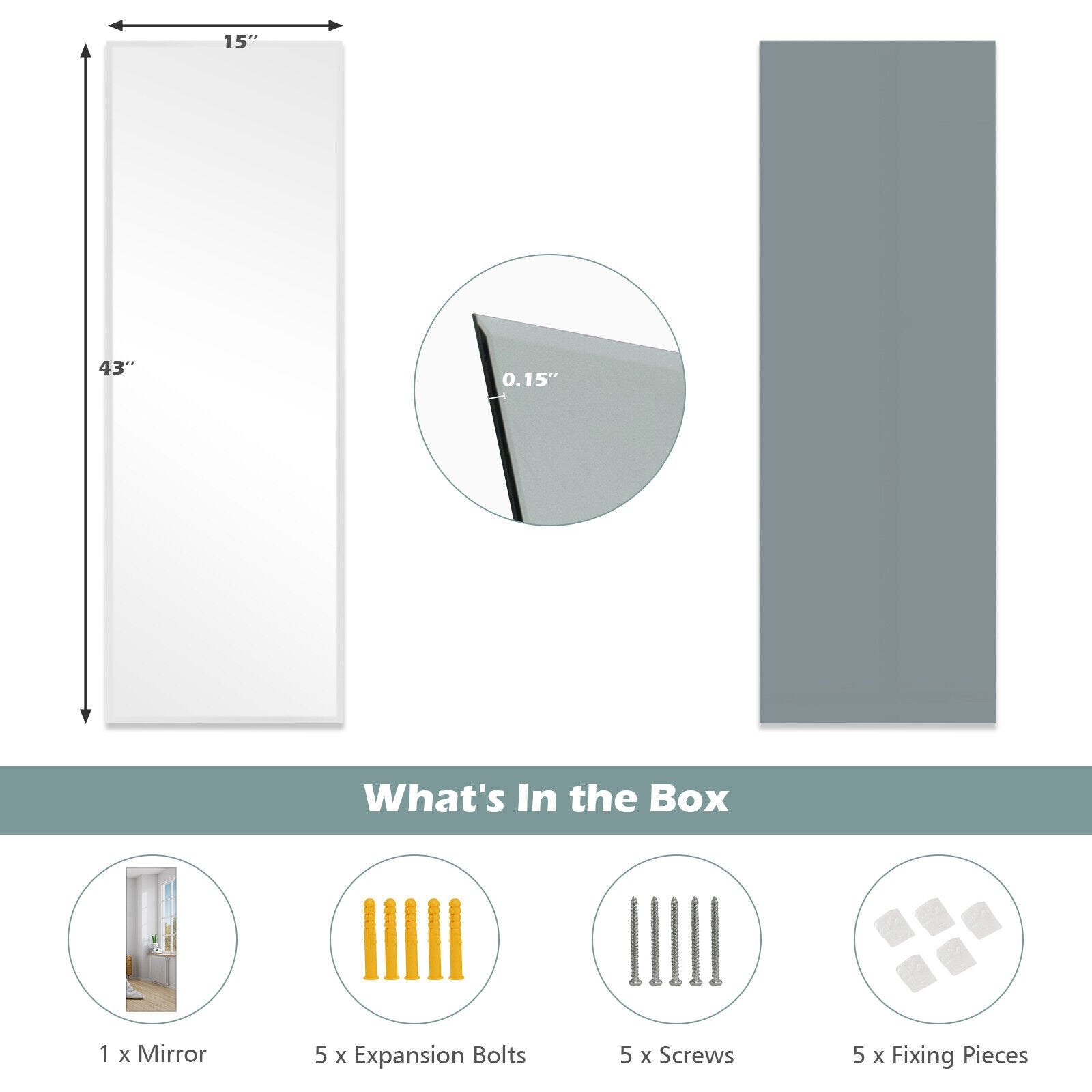43 x 15 Inch Wall Mounted Frameless Full Length Mirror, Transparent - Gallery Canada