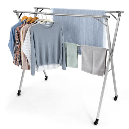 Foldable Steel Clothes Drying Rack with 4 Universal Wheels for Laundry, Silver at Gallery Canada
