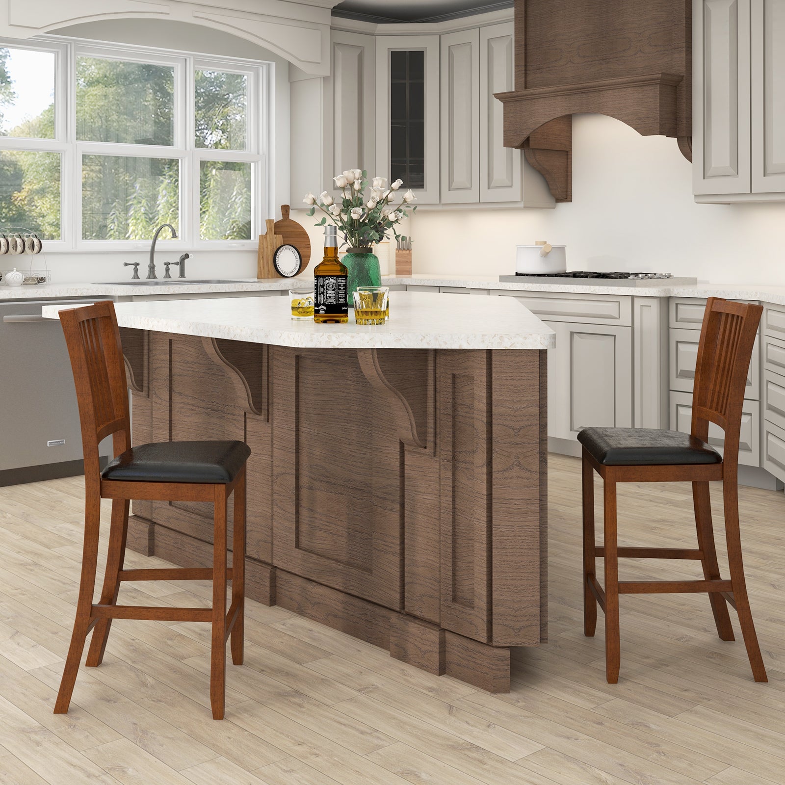 2-Piece Bar Chair Set Counter Height Bar Stool with Backrest, Walnut Bar Stools at Gallery Canada