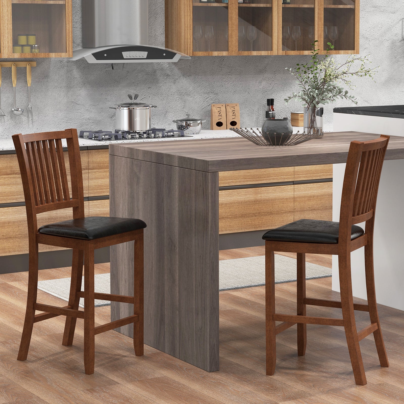 2-Piece Bar Chair Set Counter Height Bar Stool with Backrest, Walnut Bar Stools at Gallery Canada