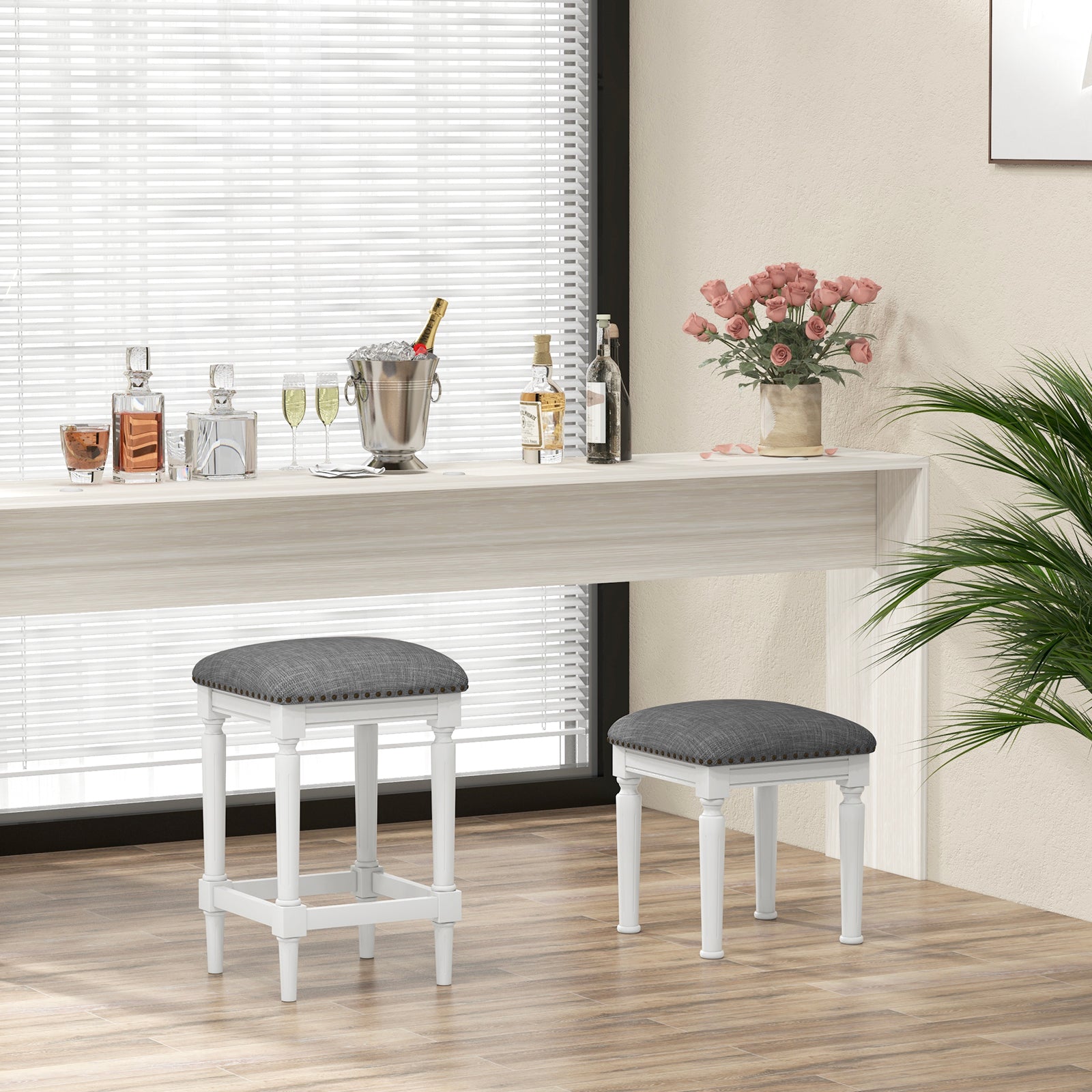 3 Heights Square Saddle Stool Set of 2 with Footrests and Padded Seats, Gray Bar Stools at Gallery Canada