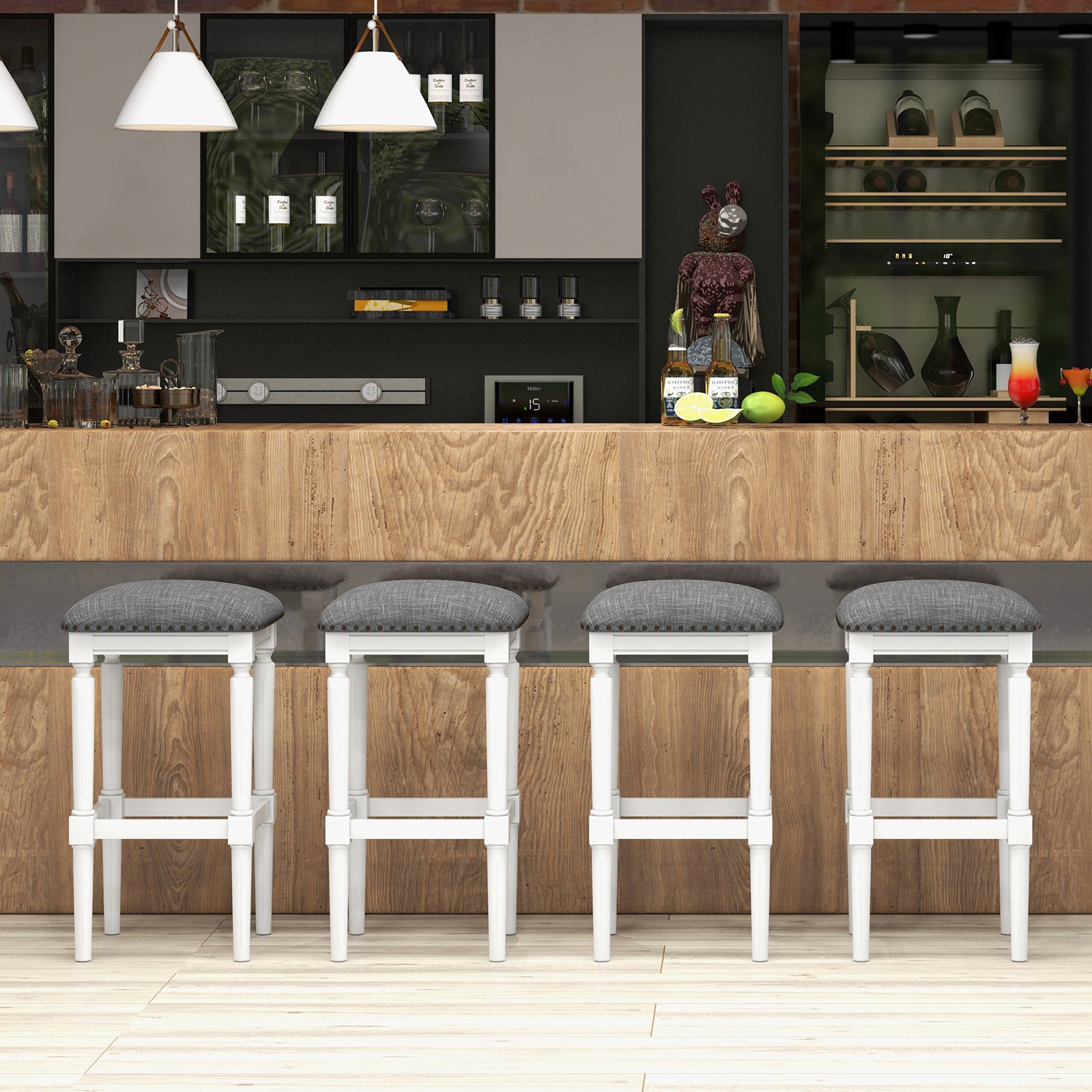 3 Heights Square Saddle Stool Set of 2 with Footrests and Padded Seats, Gray Bar Stools at Gallery Canada