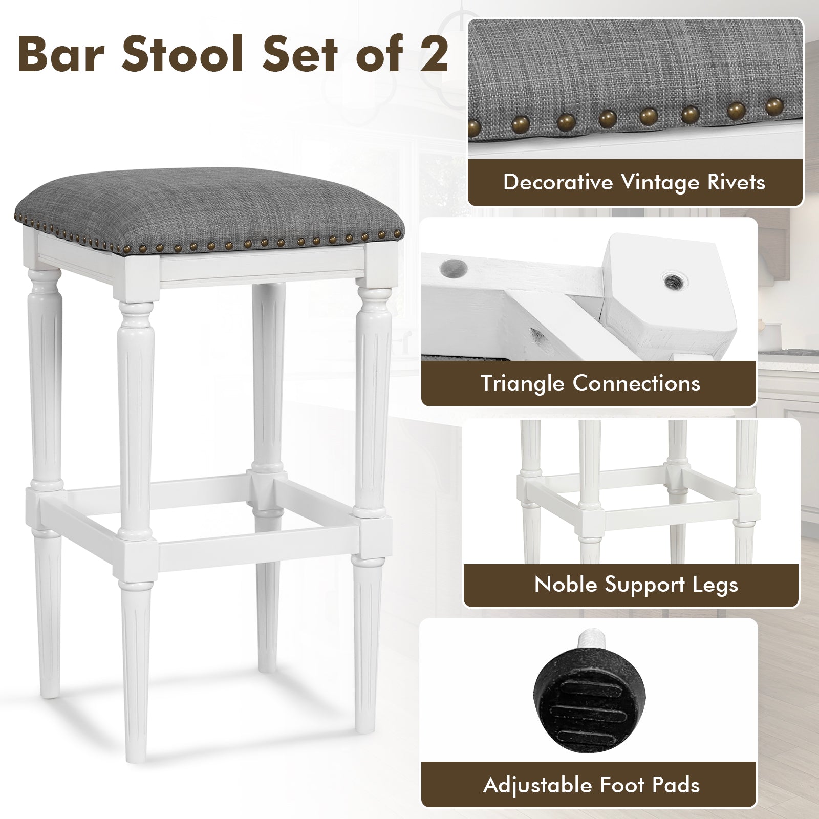 3 Heights Square Saddle Stool Set of 2 with Footrests and Padded Seats, Gray Bar Stools at Gallery Canada