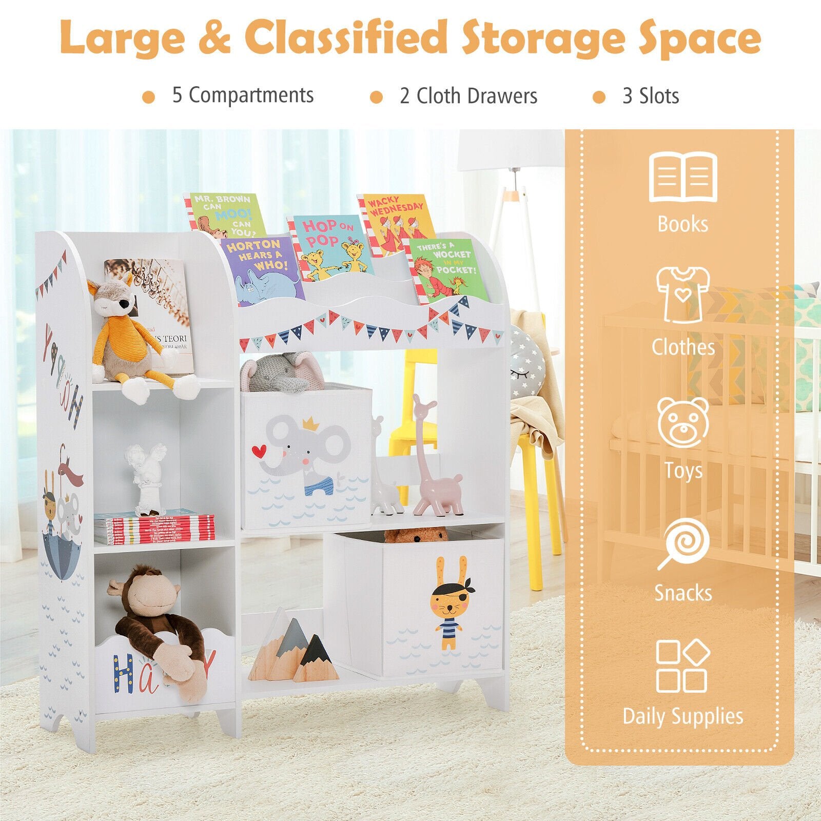 Wooden Children Storage Cabinet with Storage Bins, White - Gallery Canada