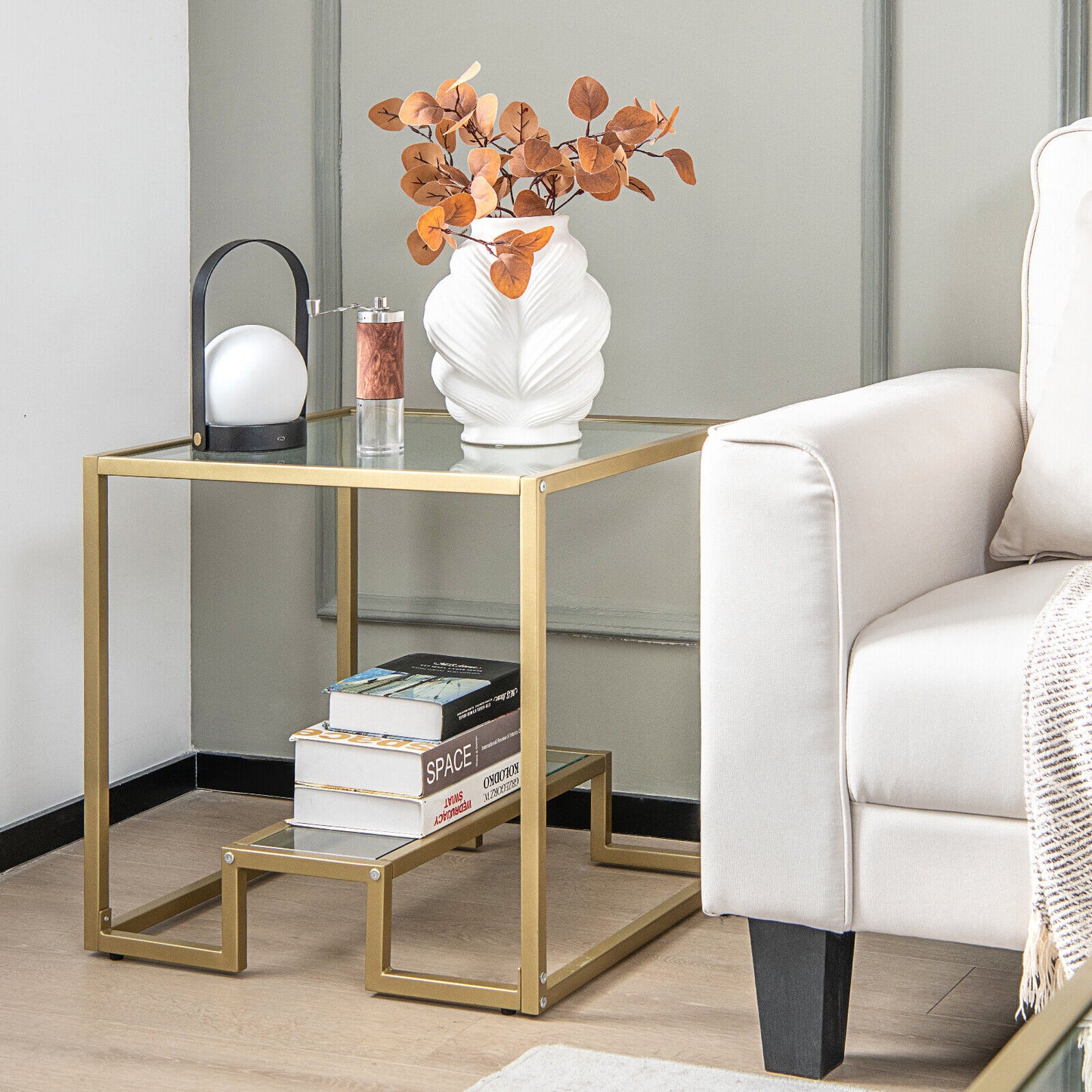 22 Inch 2-Tier Square Side Table, Glass Top, Bronze