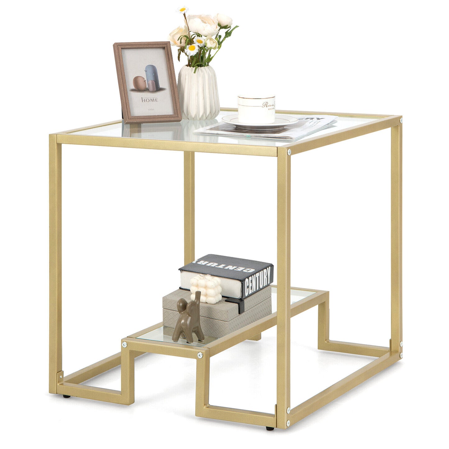 22 Inch 2-Tier Square Side Table, Glass Top, Bronze