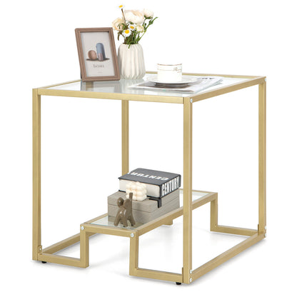 22 Inch 2-Tier Square Side Table, Glass Top, Bronze
