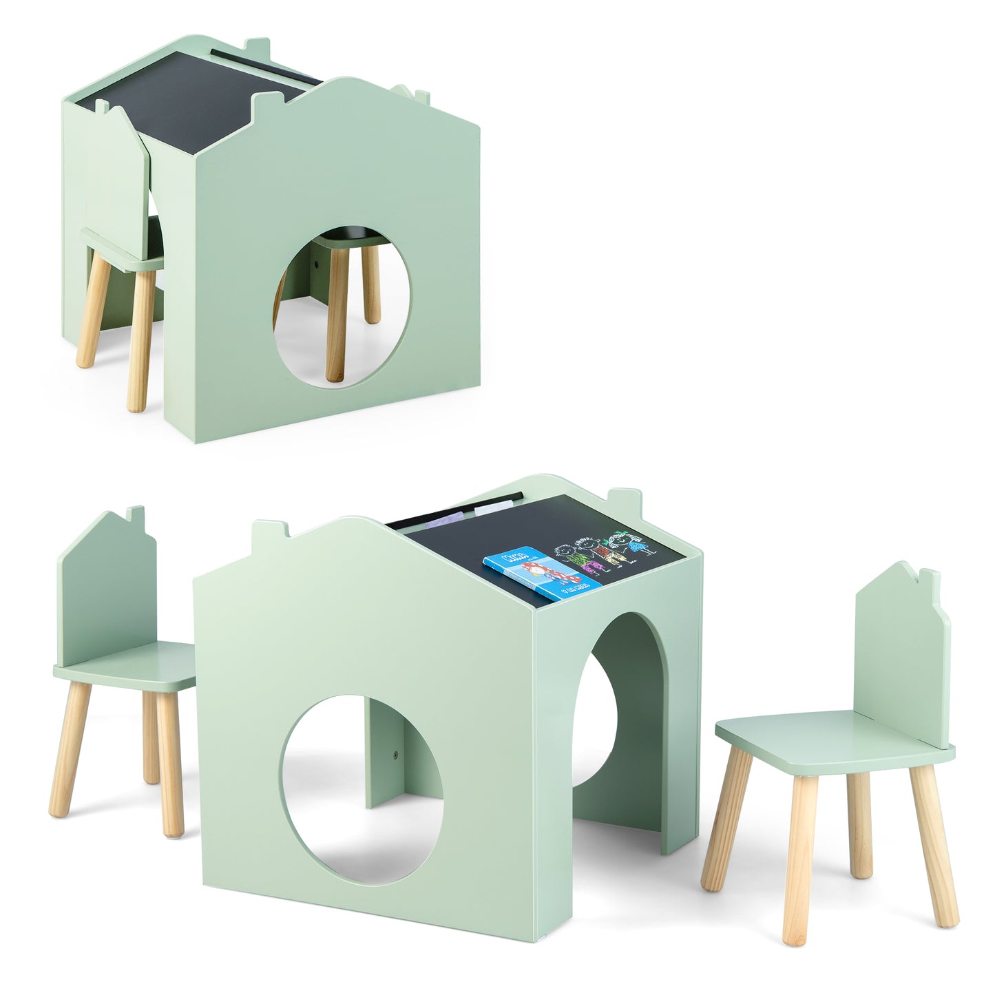 3 Pieces Wooden Kids Table and Chair Set, Green Kids Table & Chair Sets Green at Gallery Canada