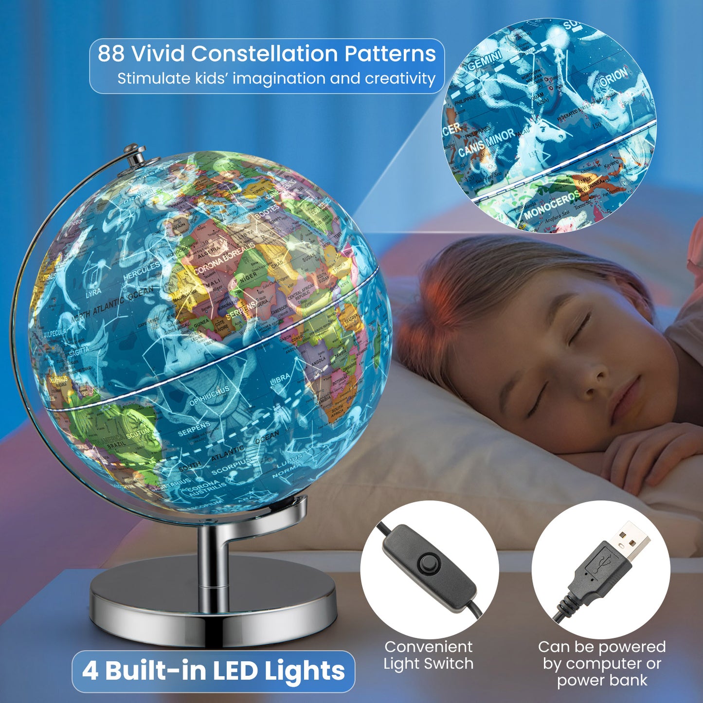 3-in-1 Illuminated World Globe, 88 Constellations, Blue Learning Toys at Gallery Canada