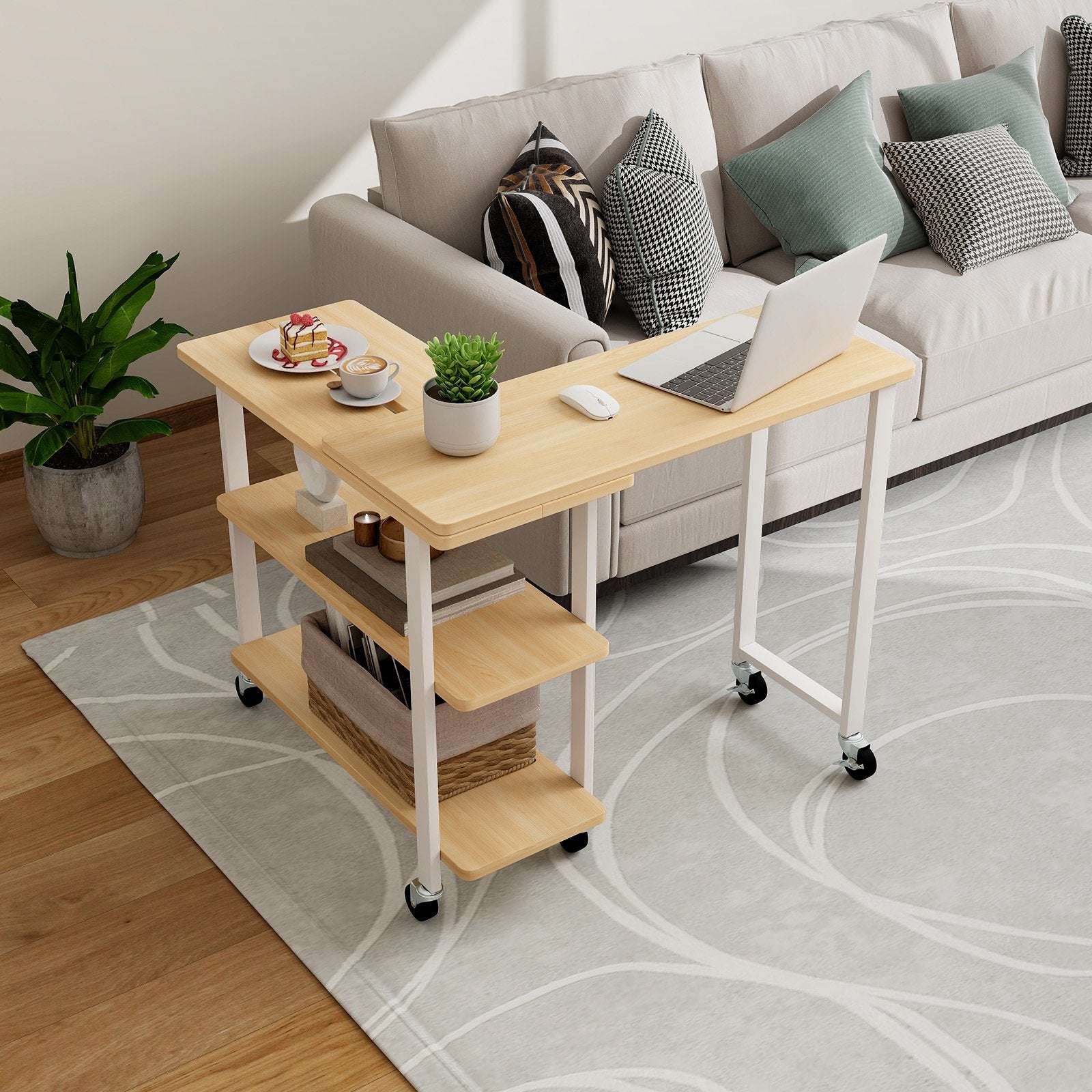 360° Rotating Sofa Side Table with Storage Shelves and Wheels, Natural - Gallery Canada