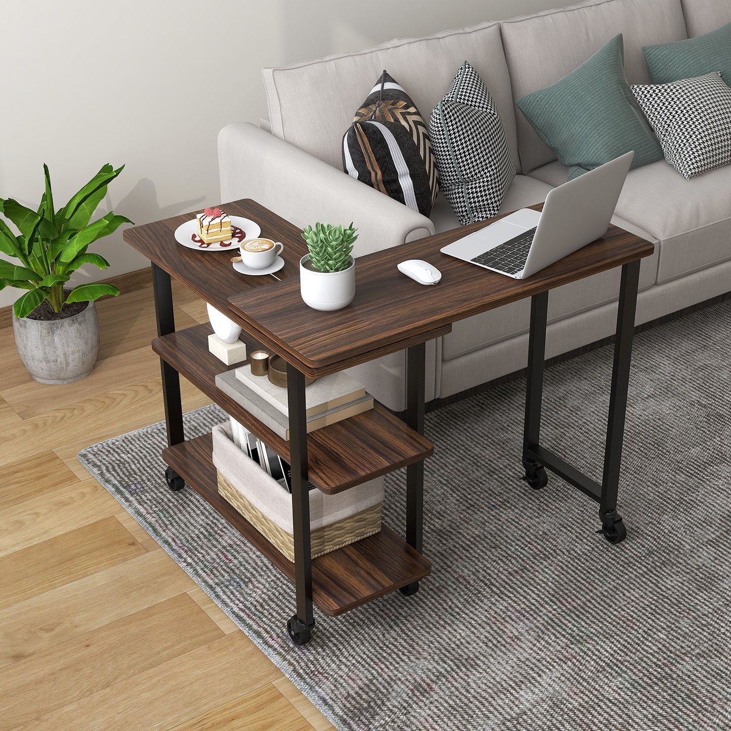 360° Rotating Sofa Side Table with Storage Shelves and Wheels, Walnut - Gallery Canada